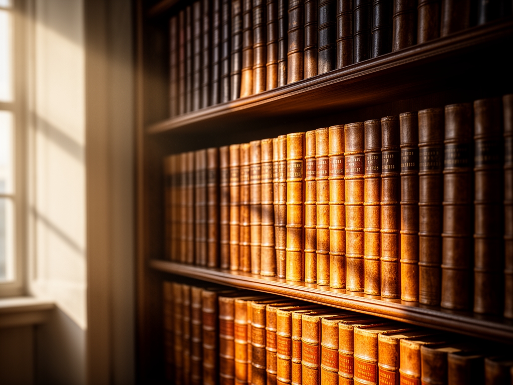 Toplo osvetljene police stare biblioteke sa gusto poređanim knjigama u kožnim uvezima, meko svetlo pada iz bočnog prozora i stvara senke na hrptovima knjiga