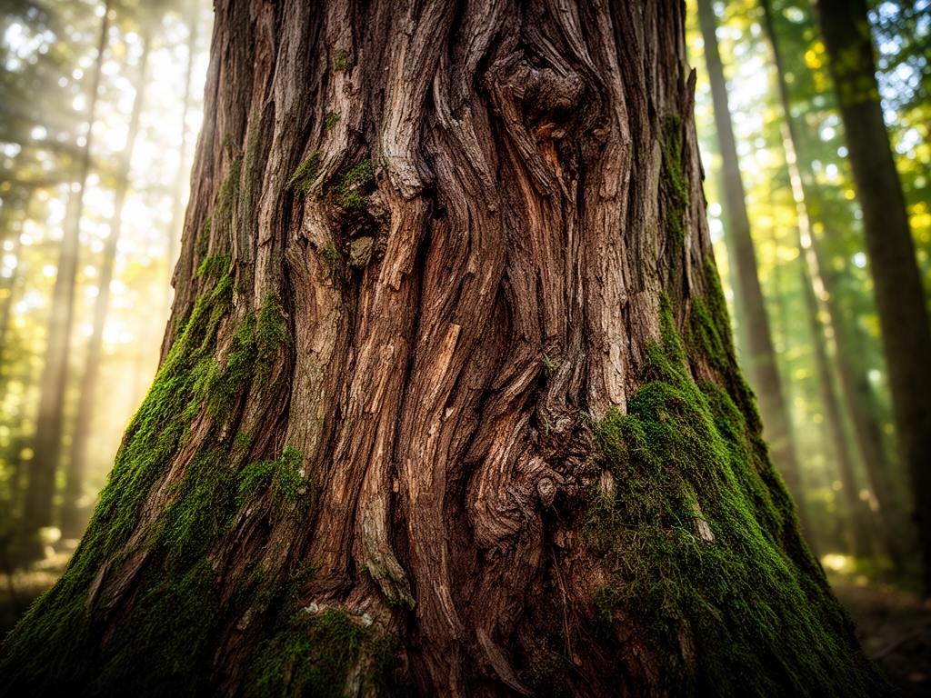 Krupni plan kore starog hrasta sa dubokim teksturama i mahovinom, osvetljene difuznim jutarnjim svetlom kroz šumski svod