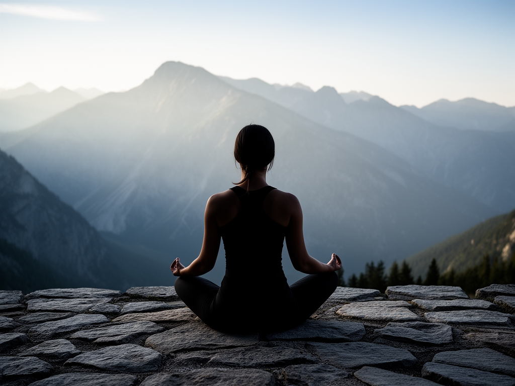 Osoba u mirnoj joga pozi sedećeg meditativnog položaja na kamenom terenu ispred planinskog pejzaža u ranu jutro, silueta bez prepoznatljivih detalja lica