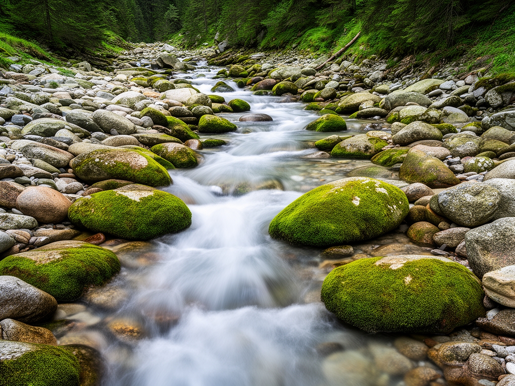 Kristalno čista planinska reka koja teče između zaobljenih kamena obraslog mahovinom, snimljeno sporim okidačem da se dobije svilenkasti efekt vode u prirodnom ambijentu