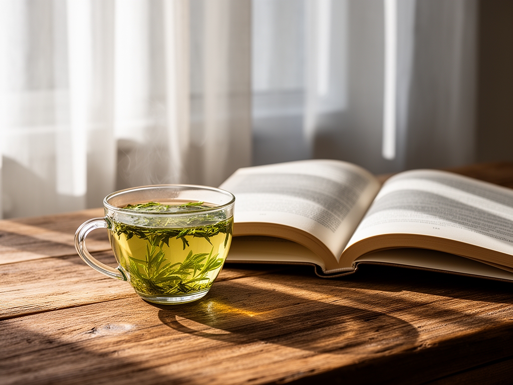 Mirna jutarnja scena sa šoljicom biljnog čaja pored otvorene knjige na drvenom stolu, sa prozorskim svetlom koje pada kroz zavese i stvara meke senke