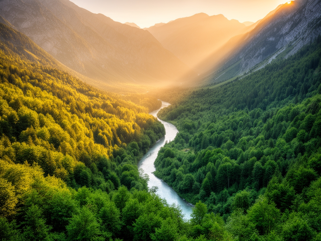 Široki panoramski prikaz netaknute planinske doline sa rekom koja vijuga kroz gustu zelenu šumu, snimljeno pri zlatnom popodnevnom svetlu